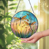 Dragonfly Stained Glass Suncatcher, Round Sunset Meadow Window Panel with Colorful Insects and Wildflowers, Nature Inspired Home Decor